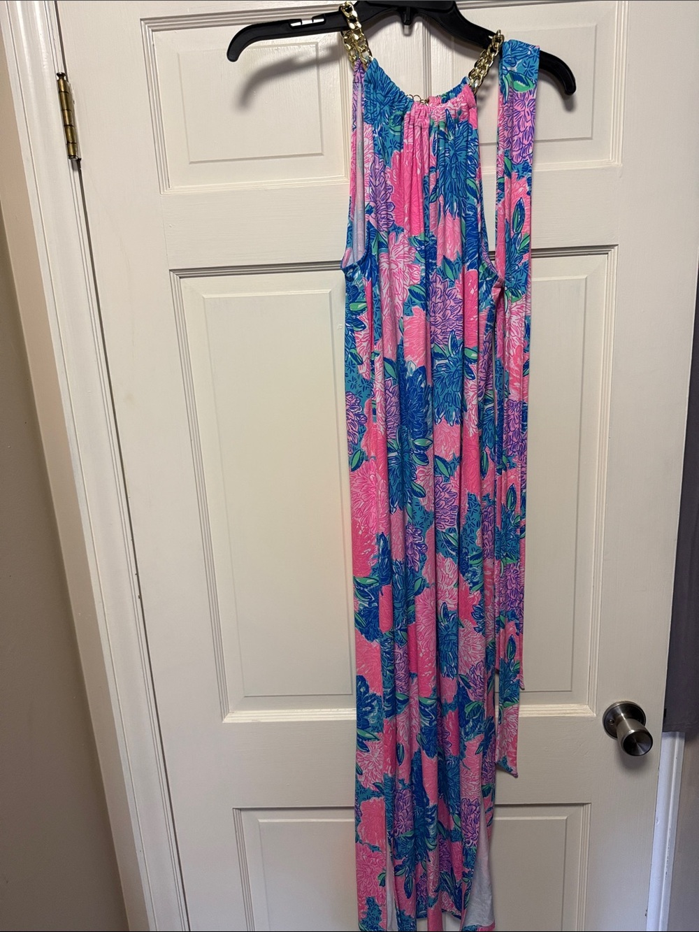 Women’s Pink and Blue Floral One-Piece with Chain-Detail Straps
